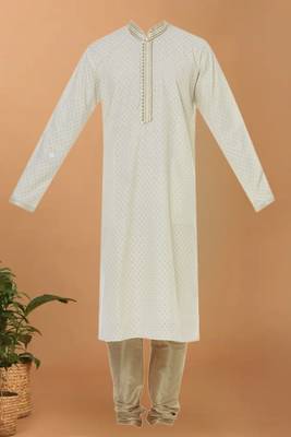 White printed blended cotton kurta-pajama 3