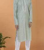 Green embroidered blended cotton kurta-pajama