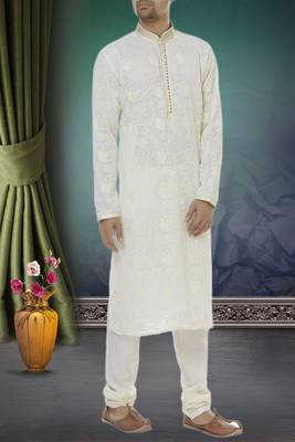 White printed georgette kurta-pajama 1