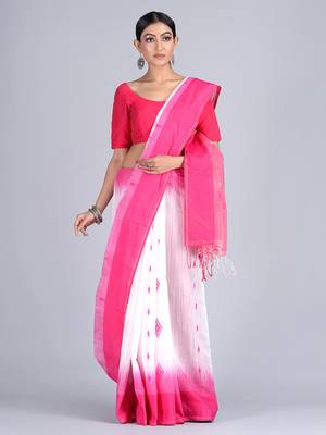 White woven cotton saree with blouse 1