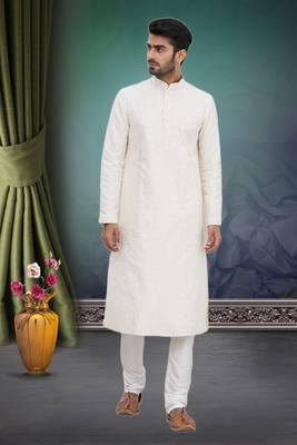 White embroidered blended cotton kurta-pajama 1