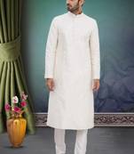 White embroidered blended cotton kurta-pajama