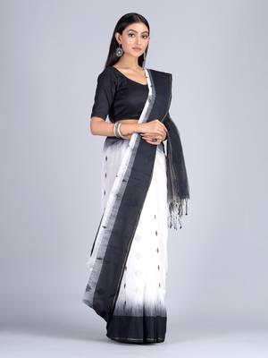 White woven cotton saree with blouse 2