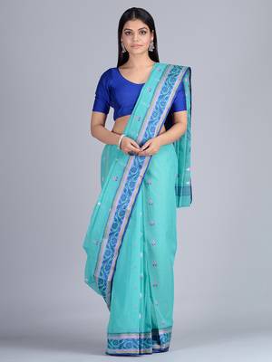 Sea Green Woven Pure Cotton Saree Without Blouse 1