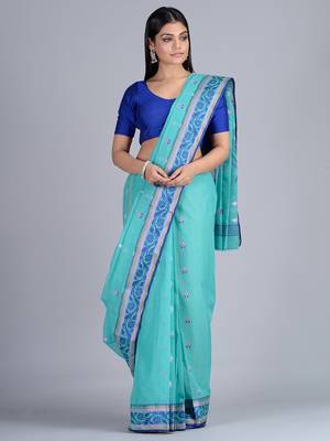 Sea Green Woven Pure Cotton Saree Without Blouse 2