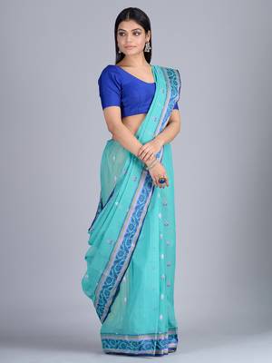 Sea Green Woven Pure Cotton Saree Without Blouse 3