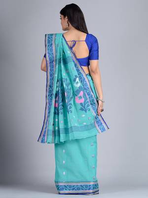 Sea Green Woven Pure Cotton Saree Without Blouse 4