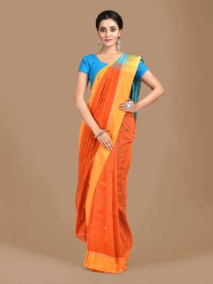 Orange woven blended cotton saree with blouse 1