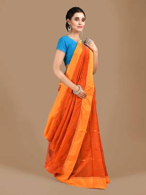 Orange woven blended cotton saree with blouse 2