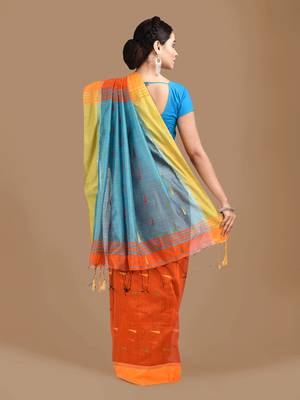 Orange woven blended cotton saree with blouse 3