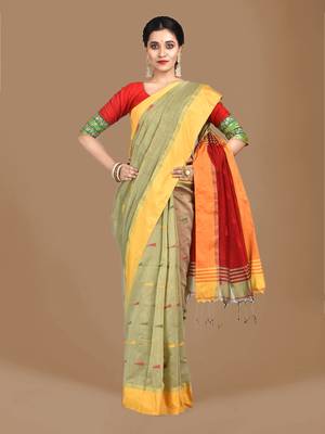 Beige woven blended cotton saree with blouse 1