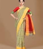 Beige woven blended cotton saree with blouse