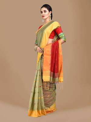 Beige woven blended cotton saree with blouse 2