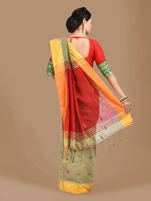 Beige woven blended cotton saree with blouse 3