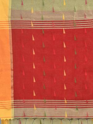 Beige woven blended cotton saree with blouse 5