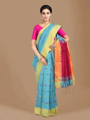 Blue woven blended cotton saree with blouse 1