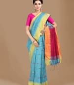 Blue woven blended cotton saree with blouse