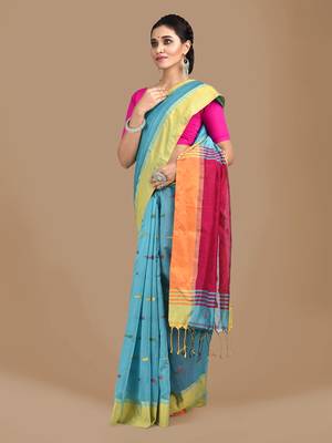 Blue woven blended cotton saree with blouse 2