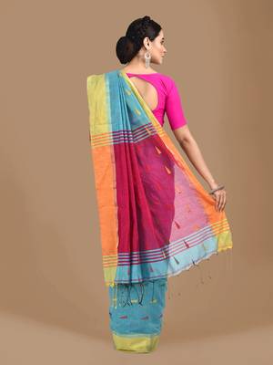 Blue woven blended cotton saree with blouse 4