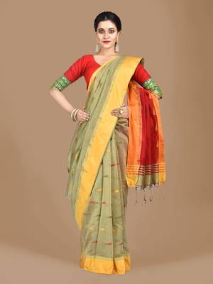Beige woven blended cotton saree with blouse 1