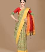 Beige woven blended cotton saree with blouse
