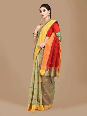 Beige woven blended cotton saree with blouse 2