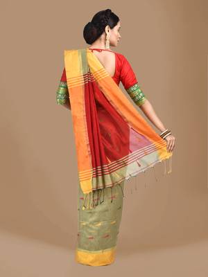 Beige woven blended cotton saree with blouse 3