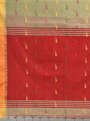 Beige woven blended cotton saree with blouse 4