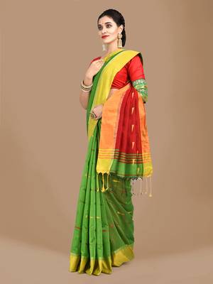 Light green woven blended cotton saree with blouse 2