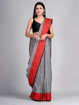 Grey woven blended cotton saree with blouse 1