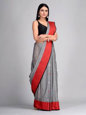 Grey woven blended cotton saree with blouse 2