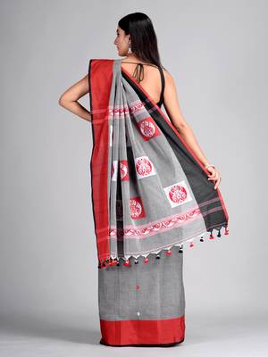Grey woven blended cotton saree with blouse 3