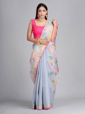 Grey woven matka silk saree with blouse 1