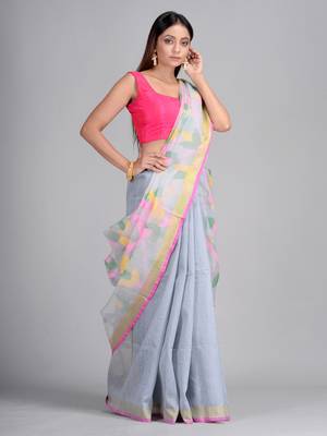Grey woven matka silk saree with blouse 2
