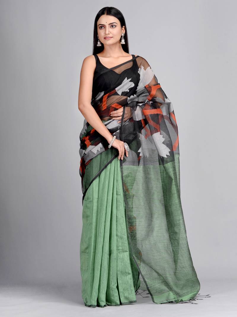 Green woven matka silk saree with blouse