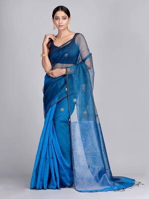 Blue woven matka silk saree with blouse 1