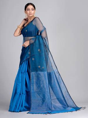 Blue woven matka silk saree with blouse 2