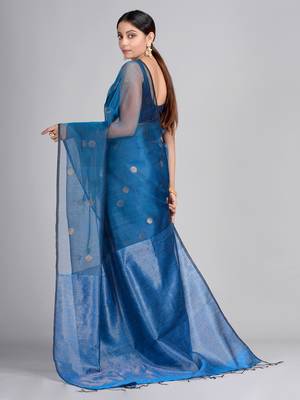 Blue woven matka silk saree with blouse 3
