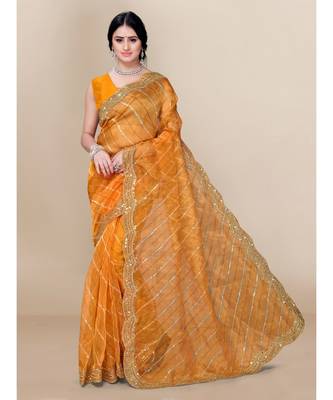 yellow soft organza saree with blouse piece 1