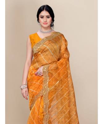yellow soft organza saree with blouse piece 2