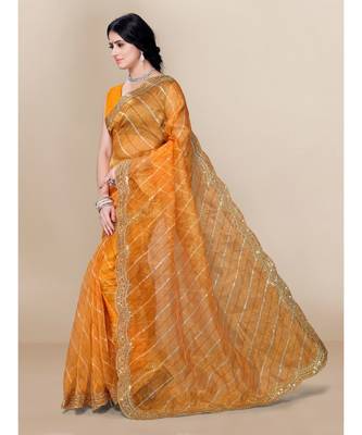 yellow soft organza saree with blouse piece 4
