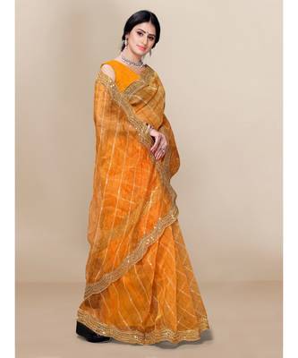 yellow soft organza saree with blouse piece 5