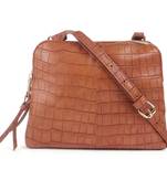 Tan Croc-Textured Sling Bag