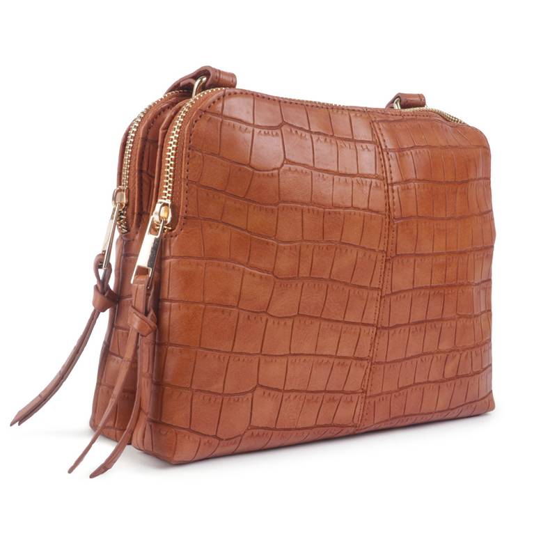 Tan Croc-Textured Sling Bag