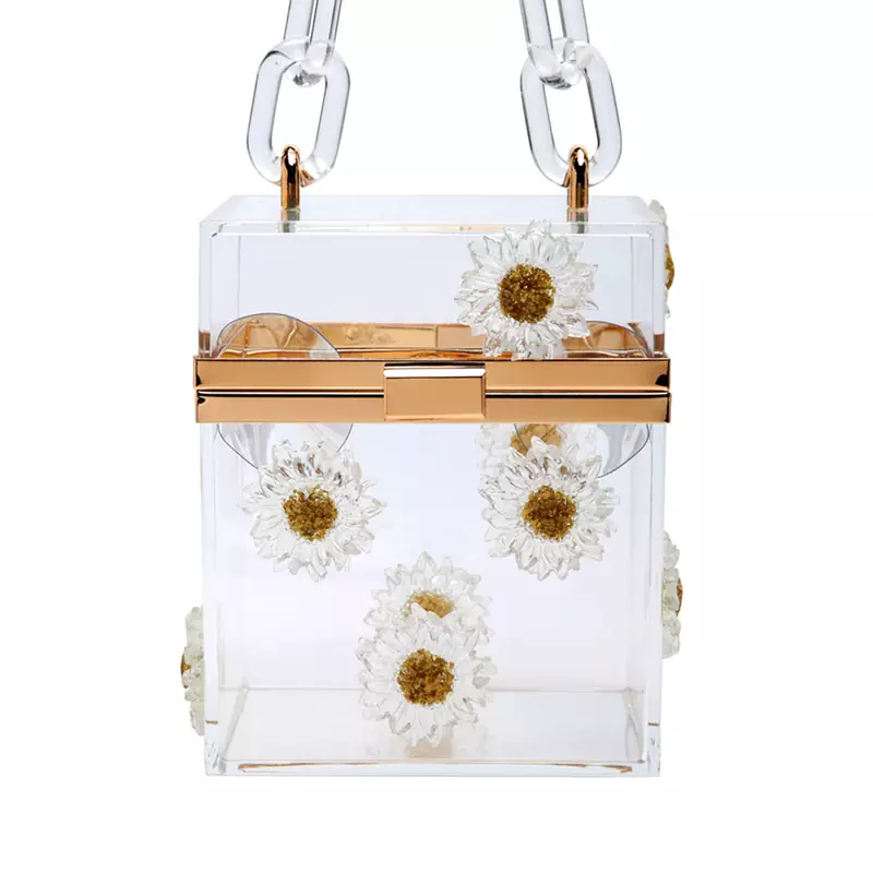 Flower Detailed Clear Box Clutch Bag