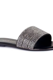 Silver Embellished Casual Slides in Black