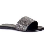 Silver Embellished Casual Slides in Black