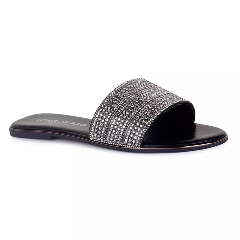Silver Embellished Casual Slides in Black