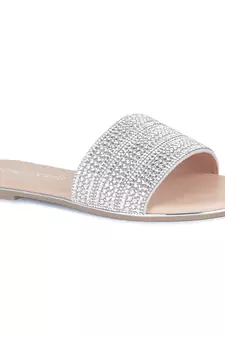 Silver Embellished Casual Slides in Nude