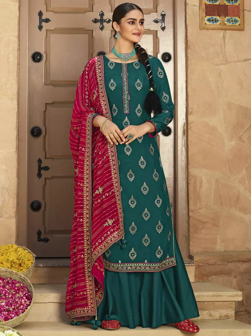 Teal jacquard jacquard salwar